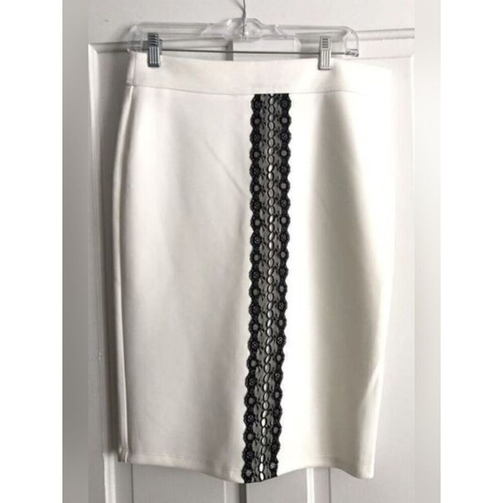 Soho Apparel White Pencil Skirt with Black Lace Center Panel